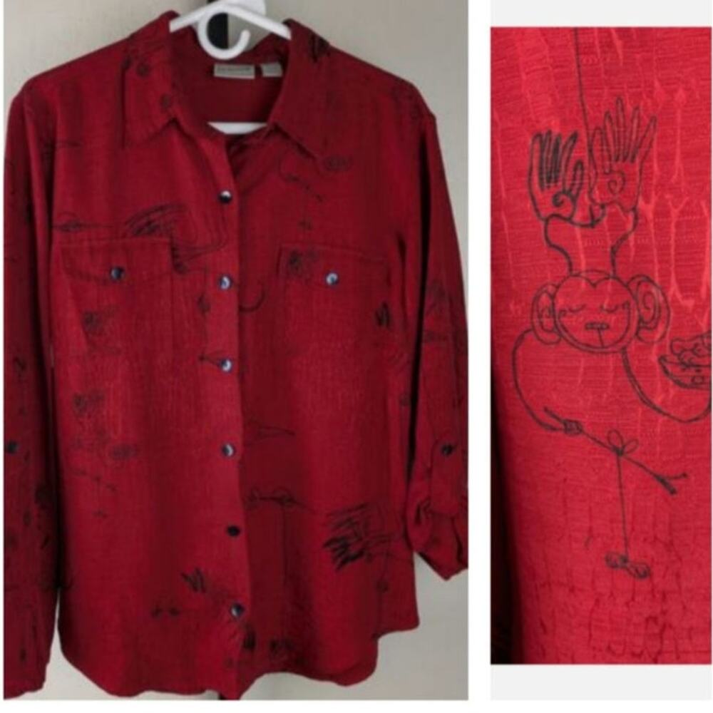 Chico's size 1 Medium Silk Button Front Shirt Red Monkey Bird Elephant Print